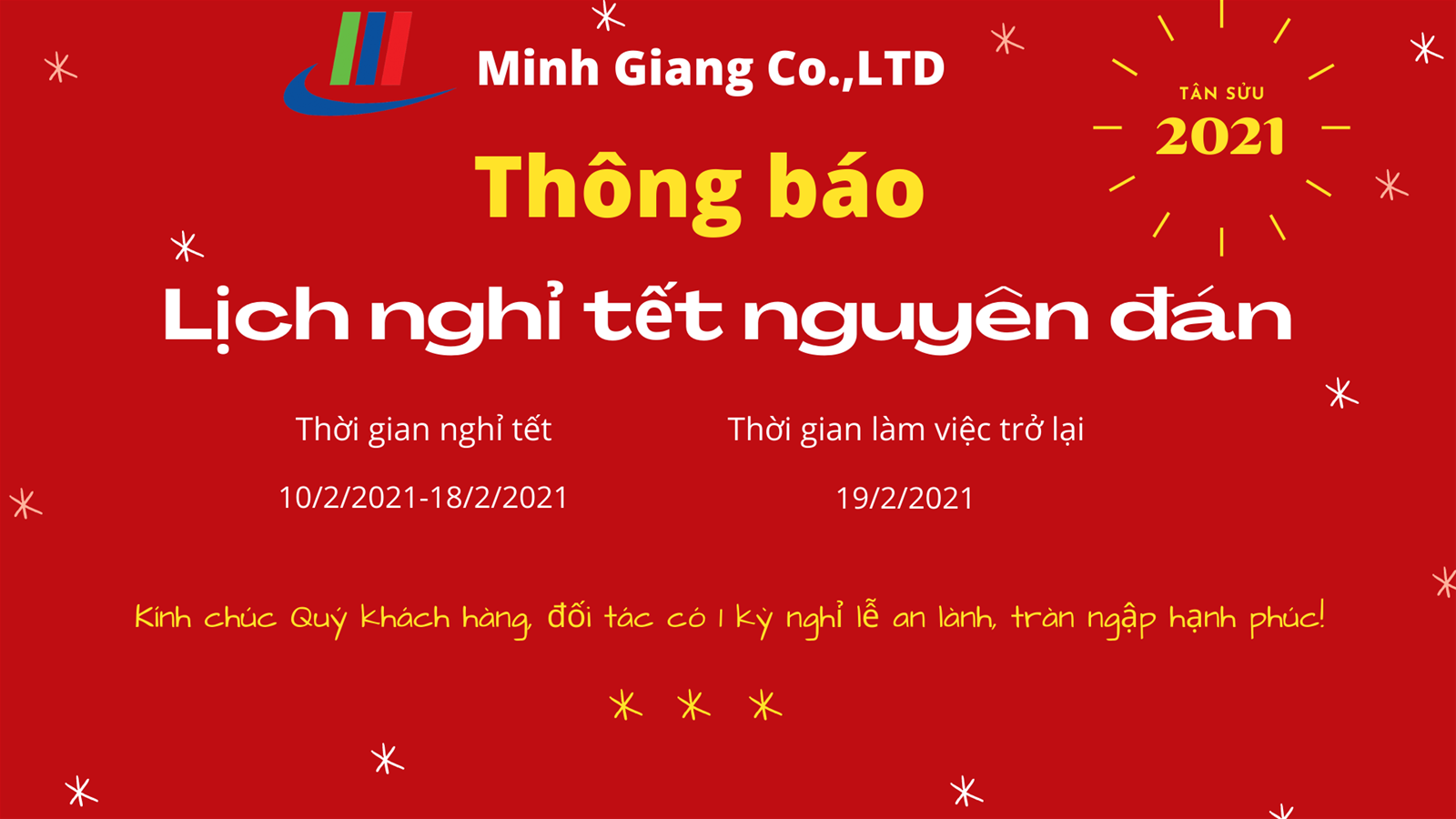 Thông báo lịch nghỉ Tết Nguyên Đán năm 2021