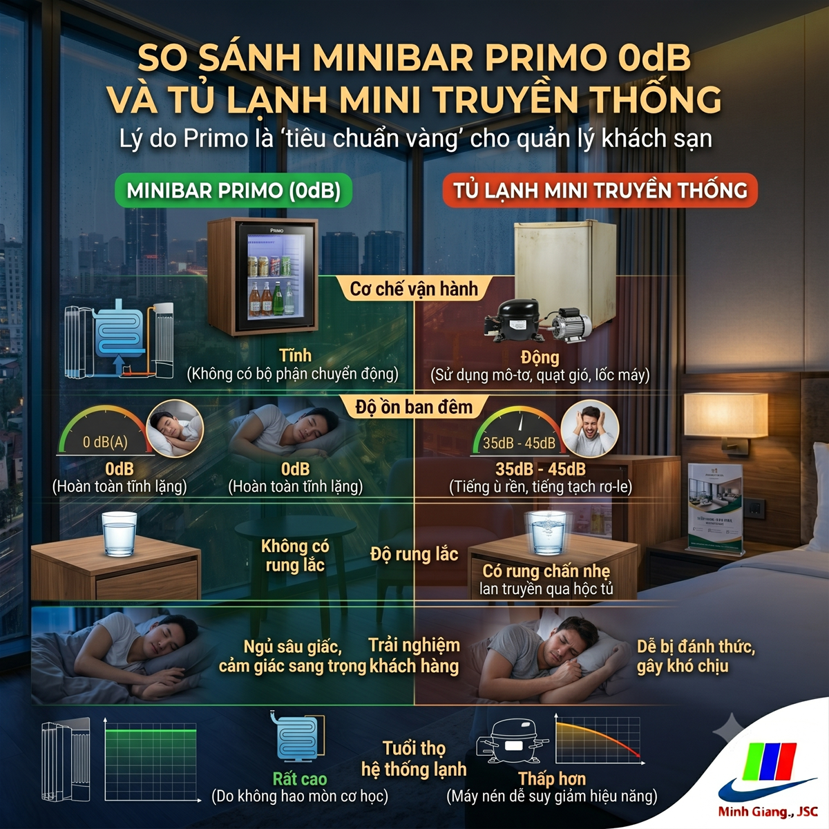 Tại sao độ ồn 0dB của Tủ mát Minibar Primo là "tiêu chuẩn vàng" cho trải nghiệm khách hàng?