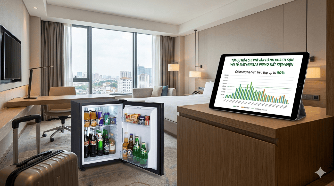 Tối ưu hóa chi phí vận hành khách sạn với tủ mát Minibar Primo tiết kiệm điện