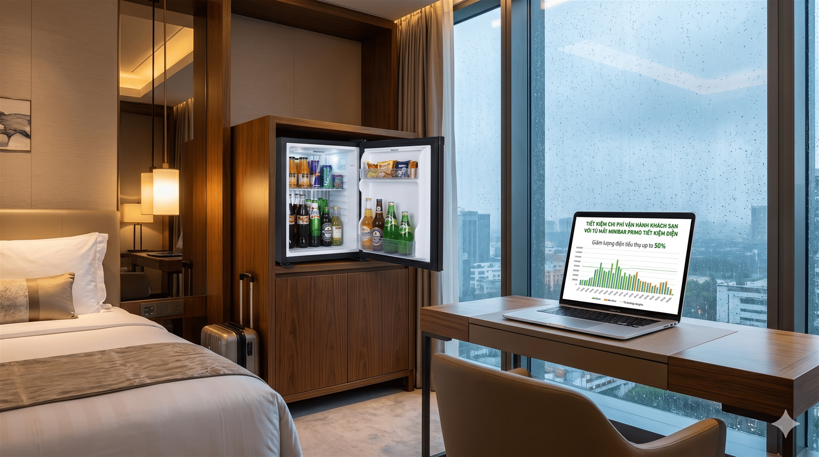 Tối ưu hóa chi phí vận hành khách sạn với tủ mát Minibar Primo tiết kiệm điện